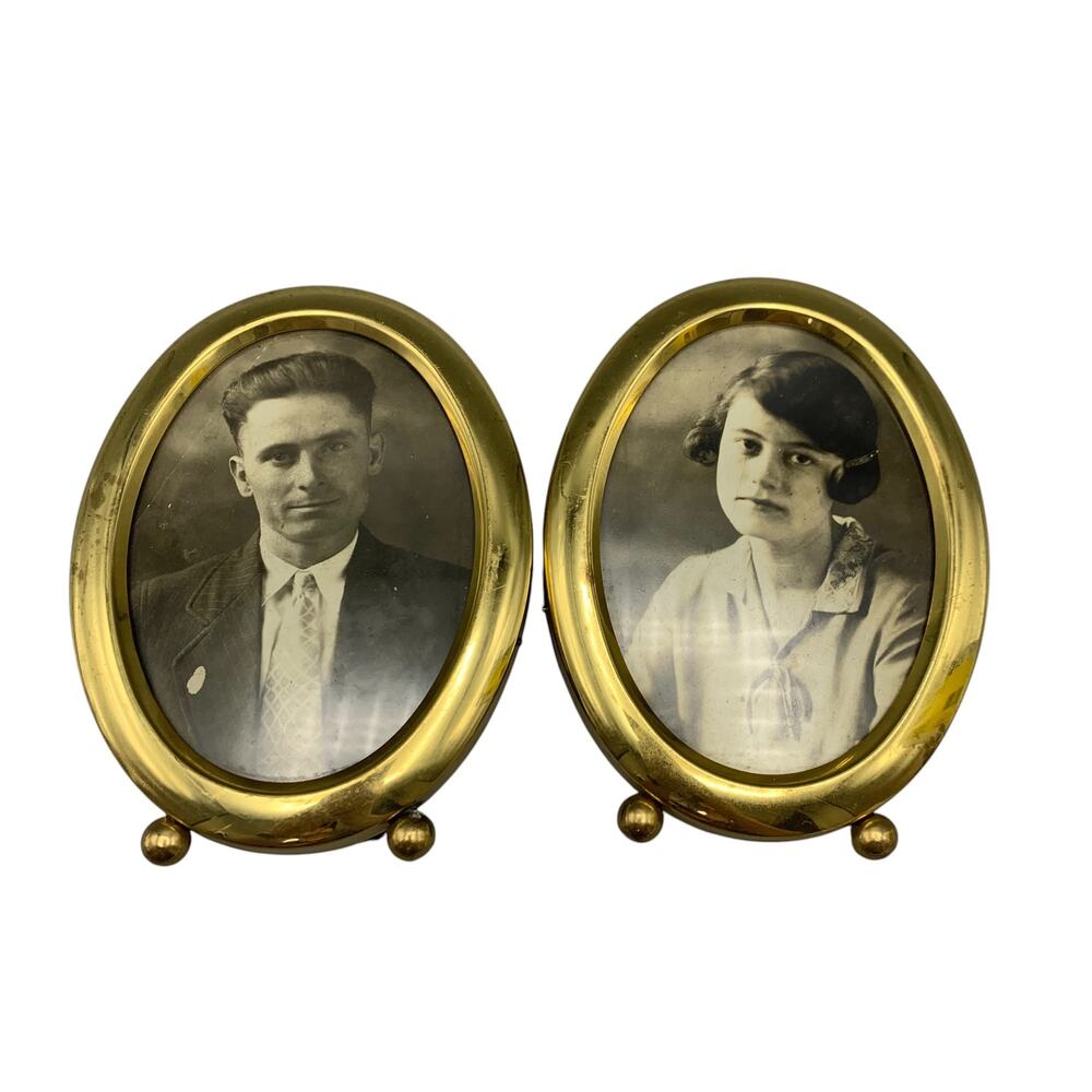 Vintage 40's Brass Oval Picture Frames Couple Lovers Black White Gold Man Wife